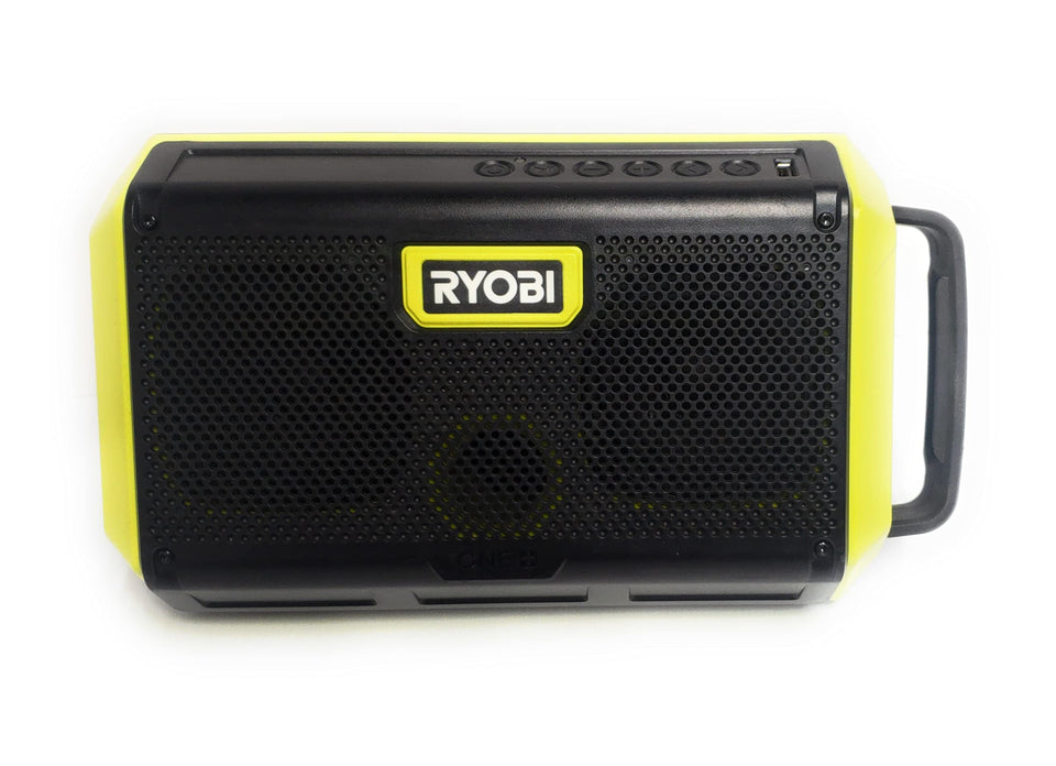 RYOBI 18V ONE+ speaker demonstrates Bluetooth setup for easy wireless playback.