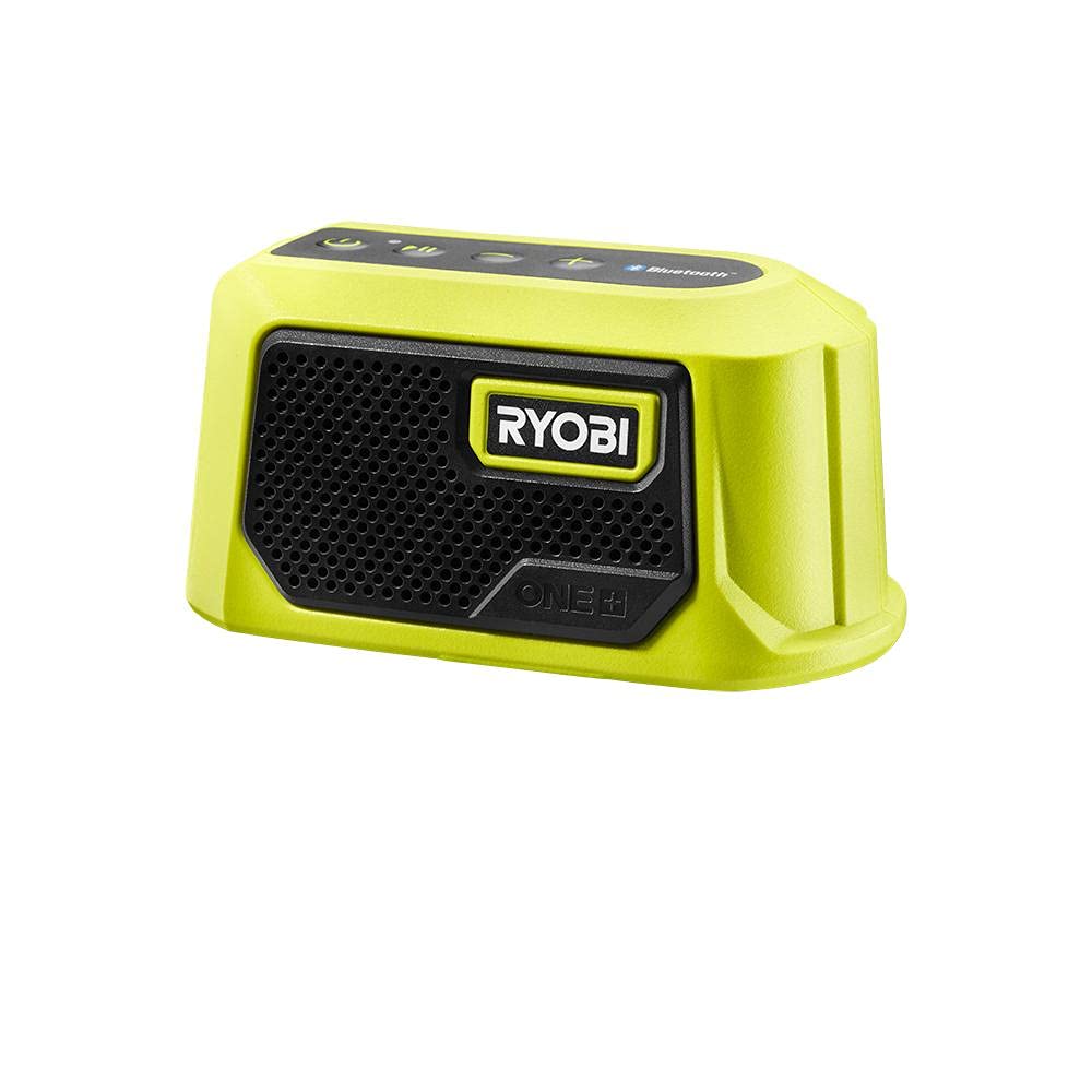 RYOBI One+ 18V compact speaker front view for portable sound on the job site