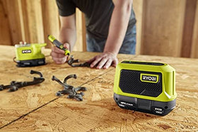 RYOBI One+ 18V compact speaker on jobsite showcasing Bluetooth range