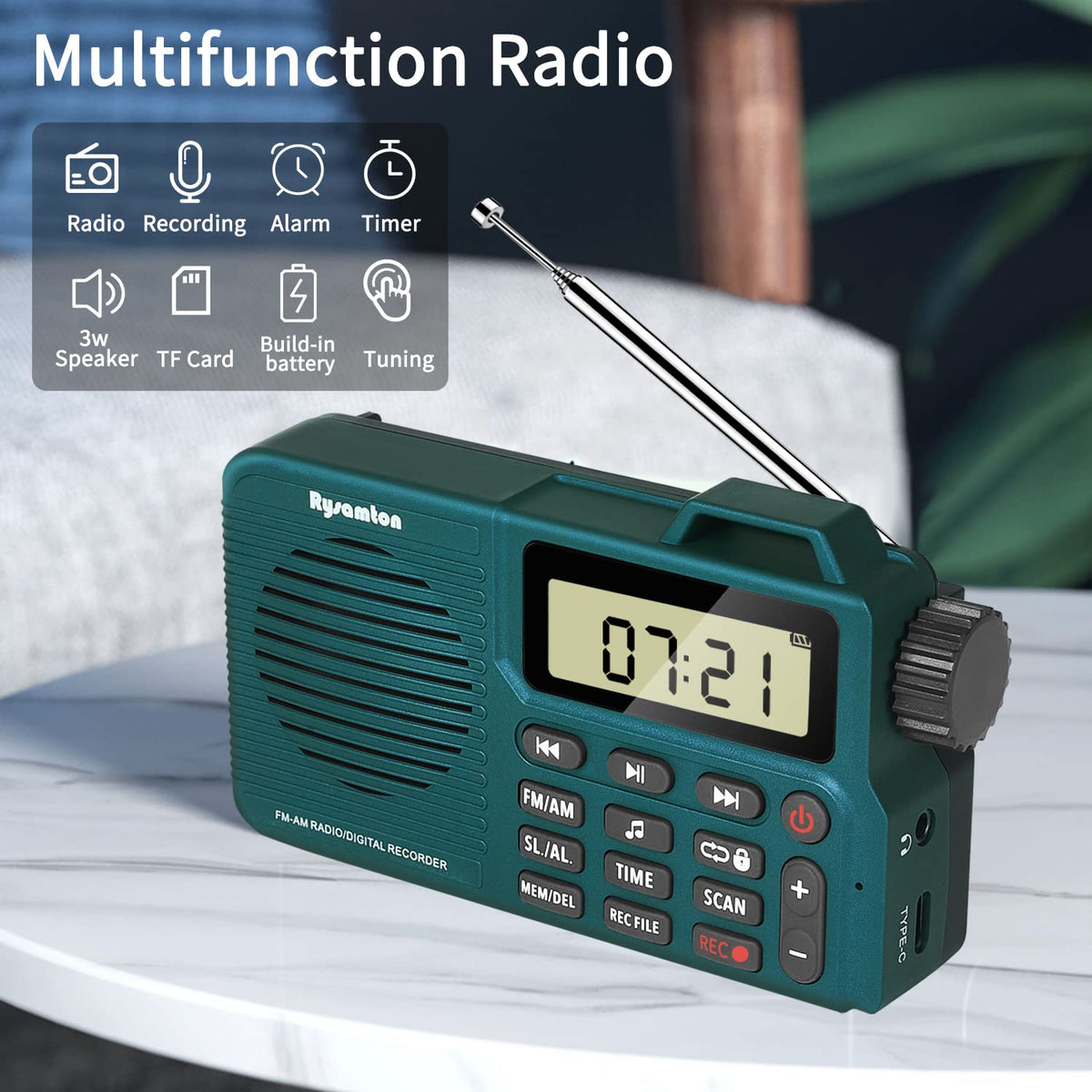 Rysamton DSP reception for stable AM/FM signals in a compact handheld unit.