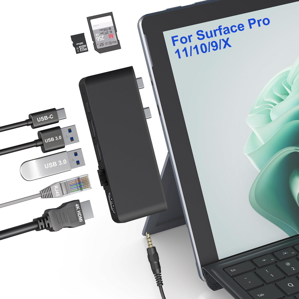 Rytaki hub front view showing all ports and sleek Surface compatibility
