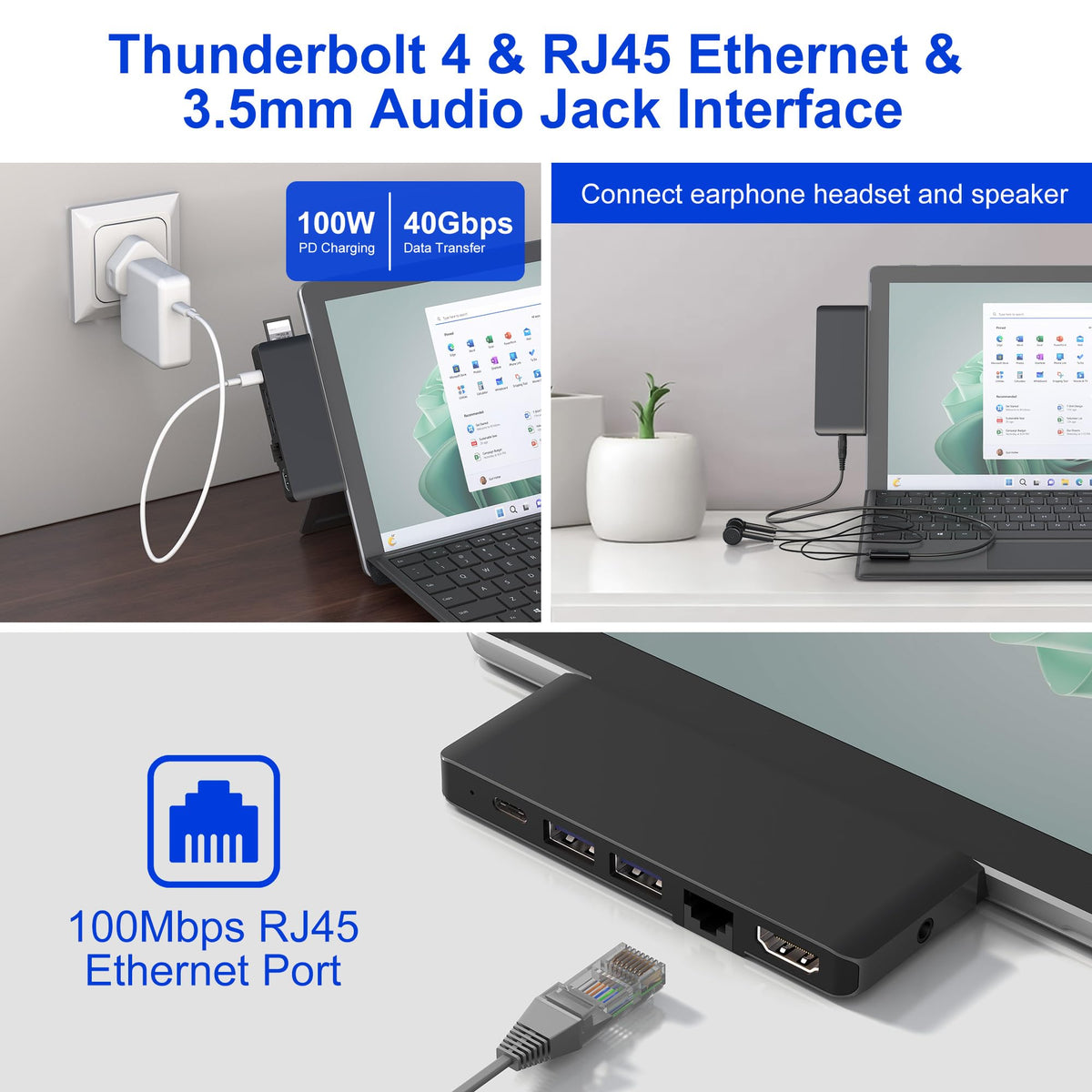 Rytaki hub beside Surface Pro to show compact size and portability advantage