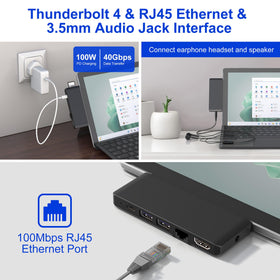 Rytaki hub beside Surface Pro to show compact size and portability advantage