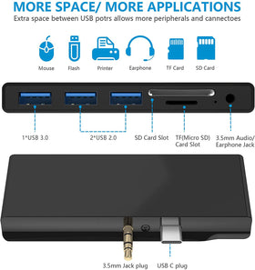 Rytaki Surface Go dock side view showing USB-C hub expansion for peripherals.