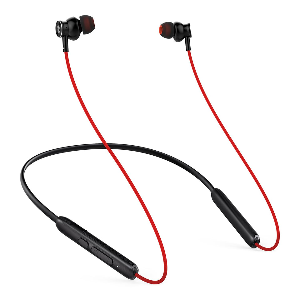 Rythflo front view of red neckband earbuds showing design and features