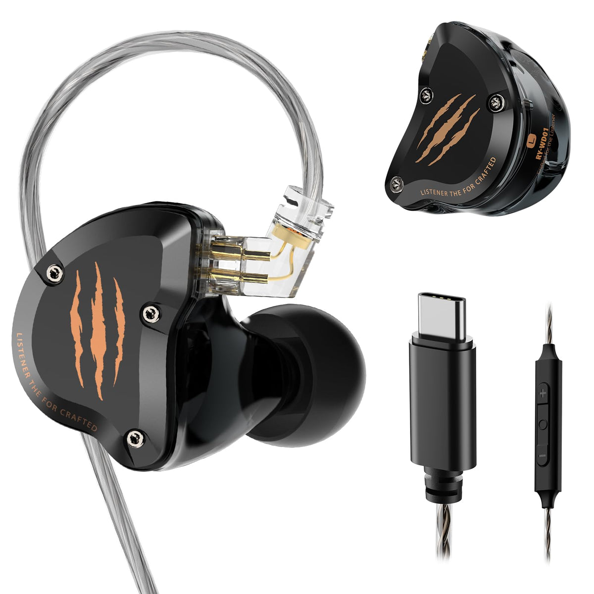 Rythflo front view showing earbuds and USB-C plug, highlights compact portability