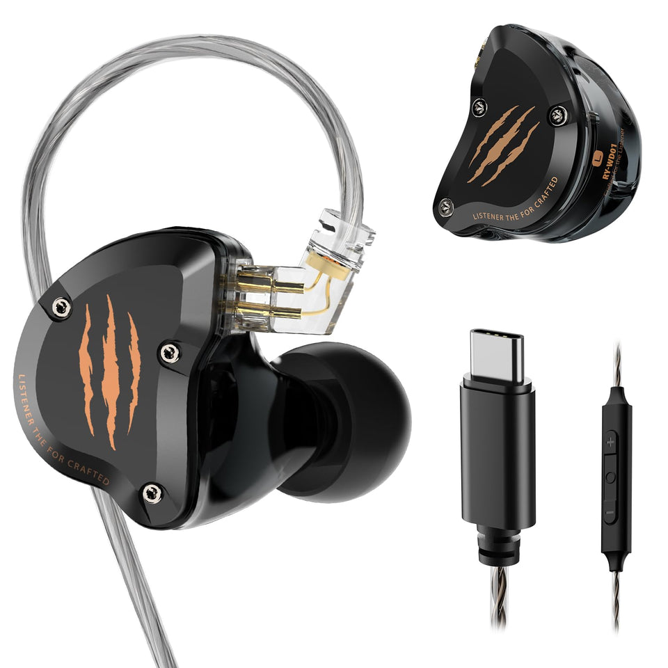 Rythflo front view showing earbuds and USB-C plug, highlights compact portability