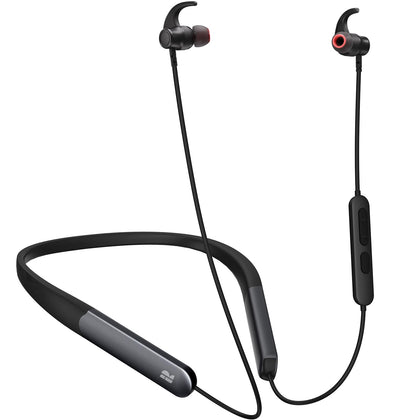 Rythflo front view of earbuds and packaging showing design and benefits
