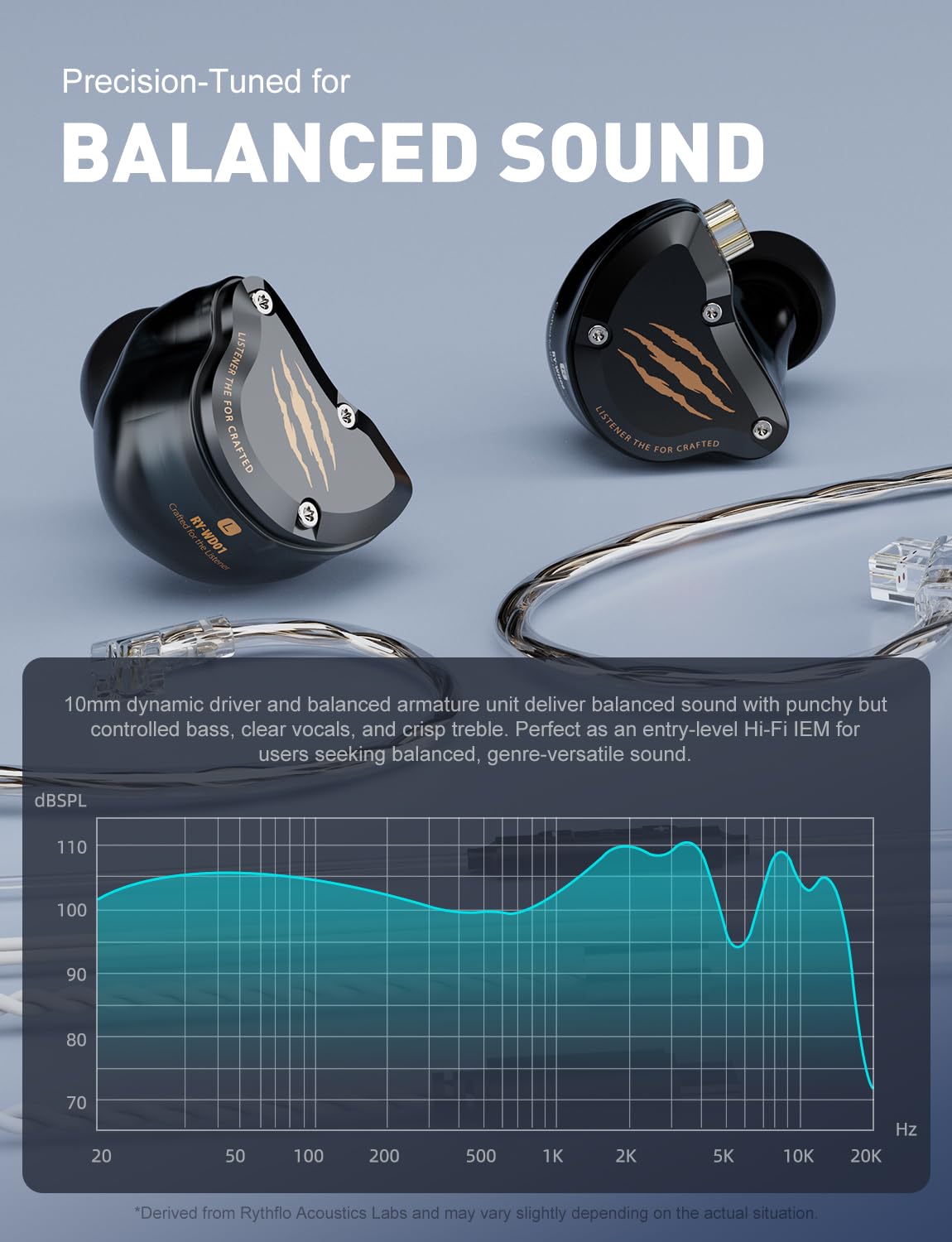 Rythflo trio of silicone ear tips with scale, ensures personalized fit and isolation