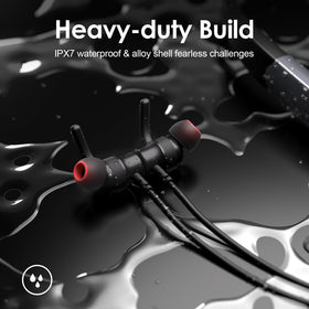 Rythflo earbuds next to smartphone showing compact size and long battery