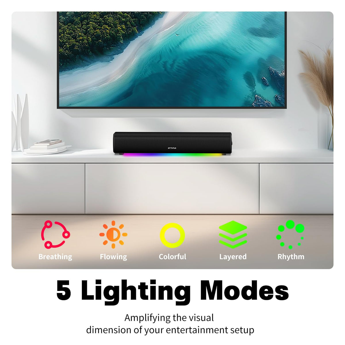 Rythflo sound bar with Bluetooth, Optical, and AUX connectivity.