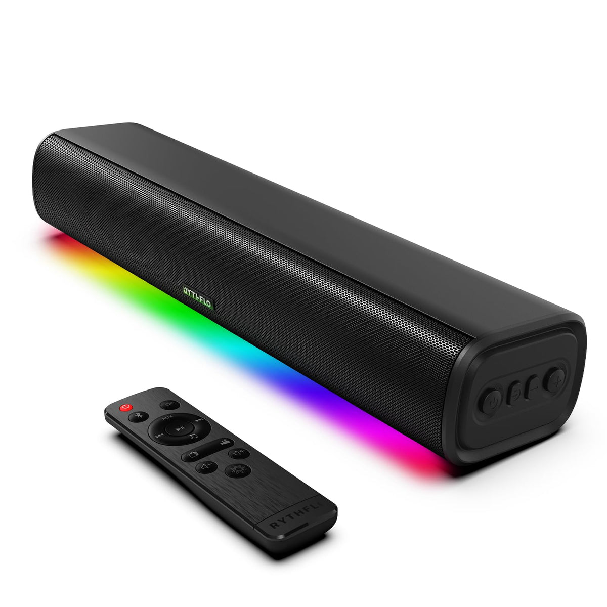 Rythflo sound bar front view with 60W bass for immersive TV audio.
