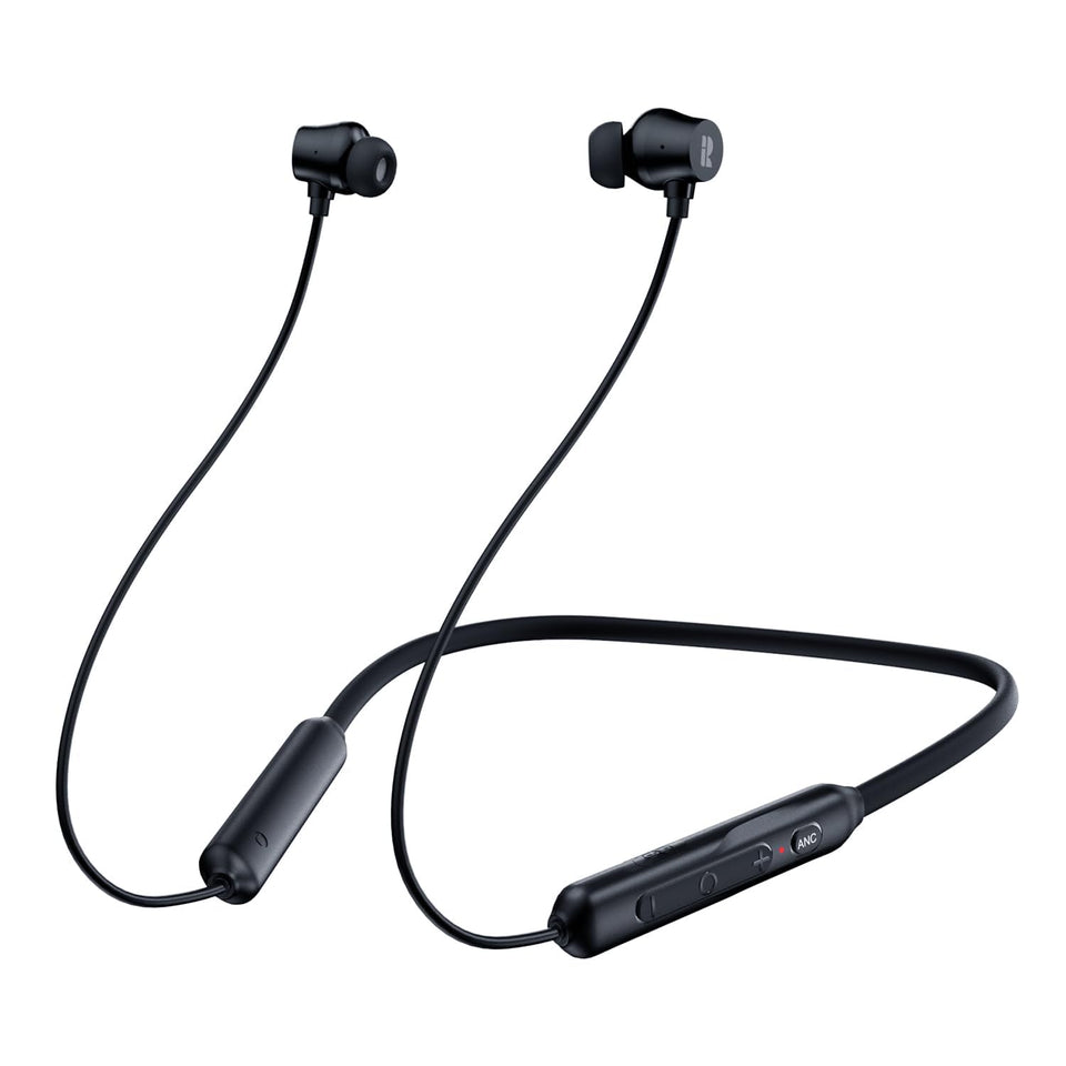 Rythflo WH04 ANC earbuds front view for travel-ready listening