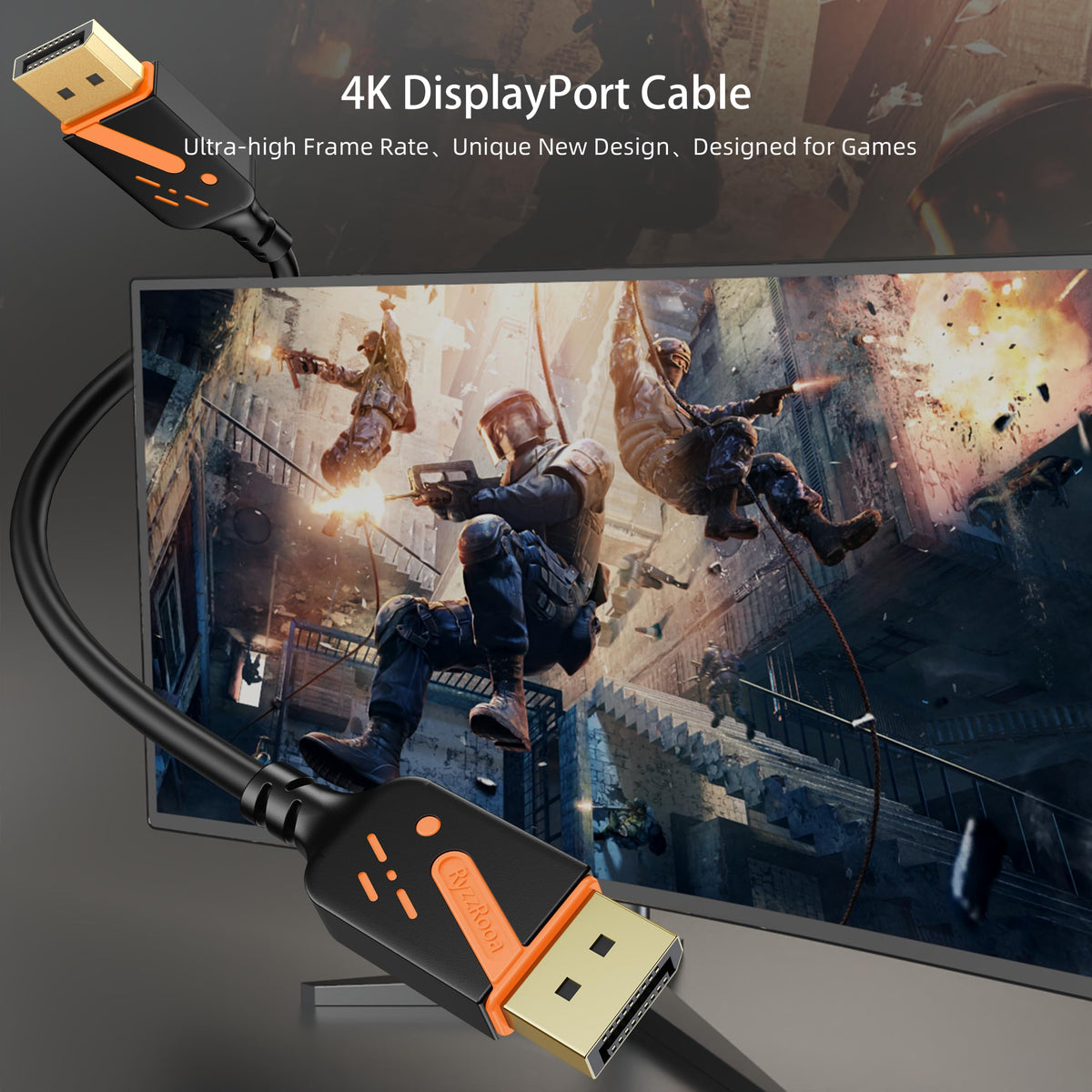 RyzzRooa DP-to-DP cable 6ft with gold-plated connectors ensuring strong signal