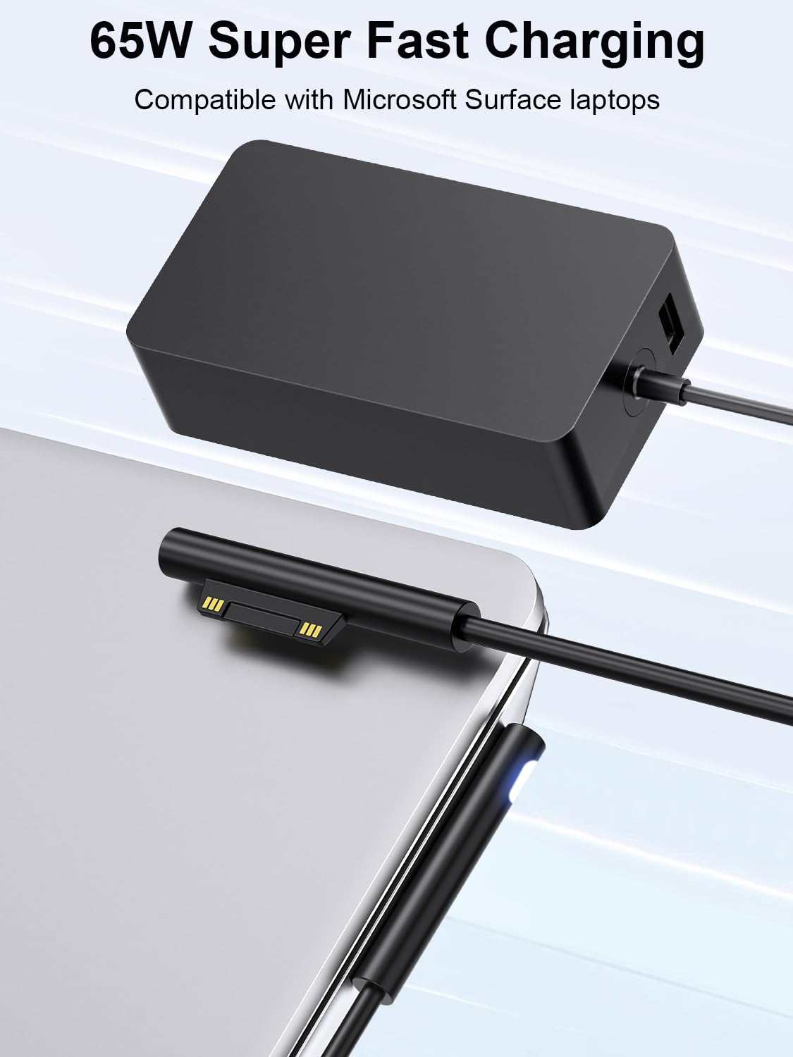 S SKSTYLE 65W Surface Pro Charger cable connection close-up, secure snap-in interface.