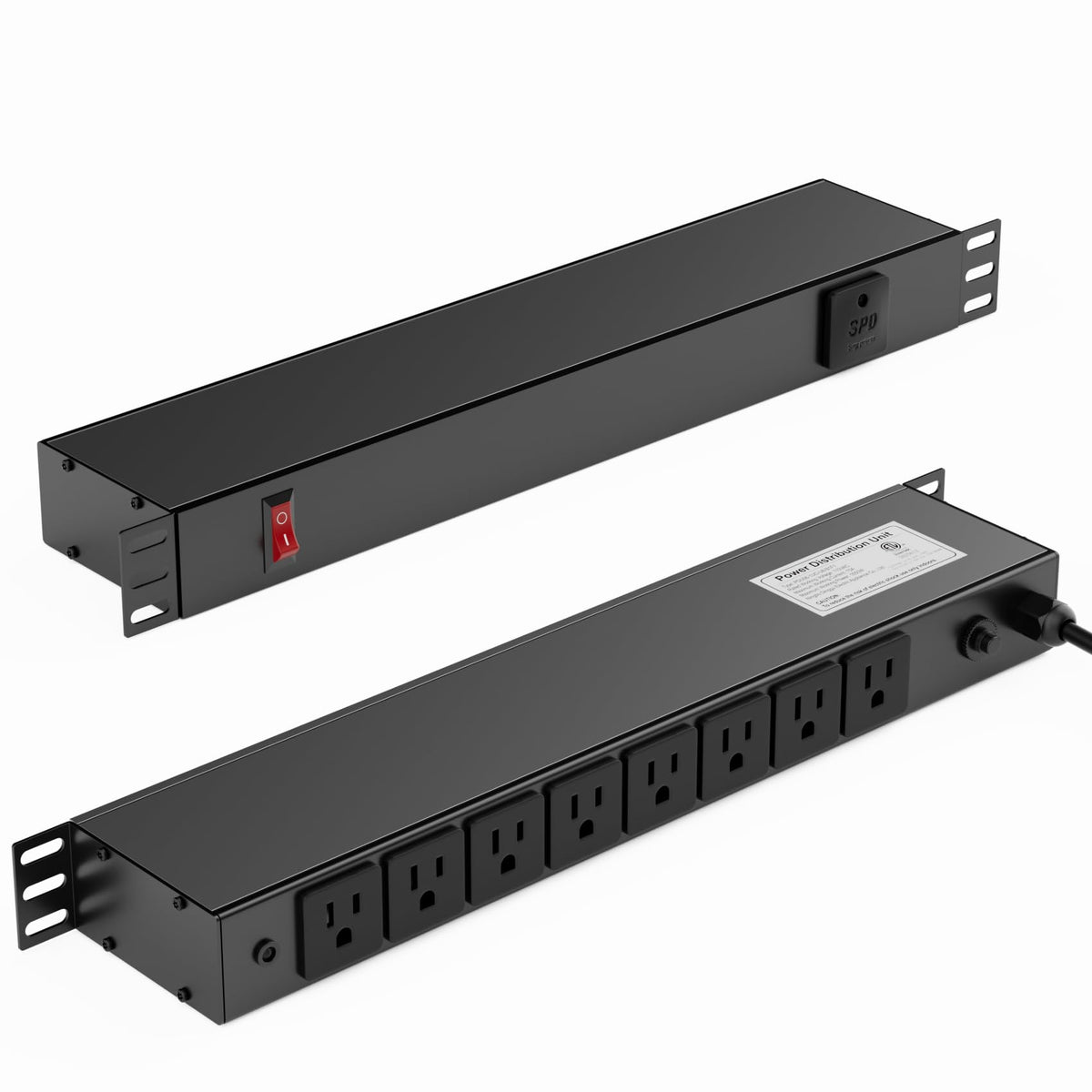 Sabethe PDU-03 front panel showing eight grounded outlets for organized rack power