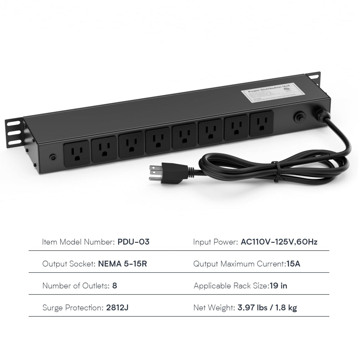 Sabethe PDU-03 installed in a 19-inch server rack demonstrating neat cable management