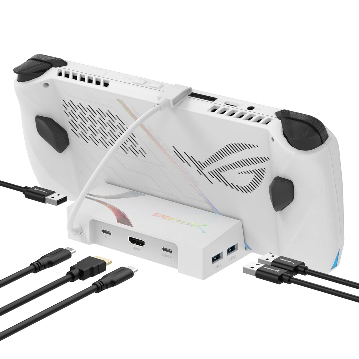 SABRENT docking station front view showing ports and compact benefits