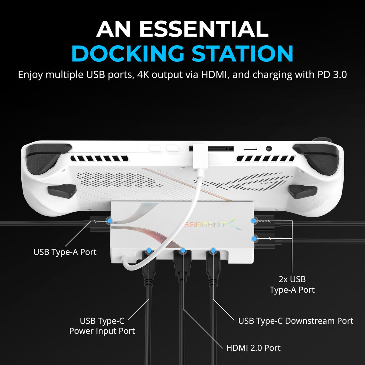 SABRENT dock on desk in gaming setup showing tidy cable management