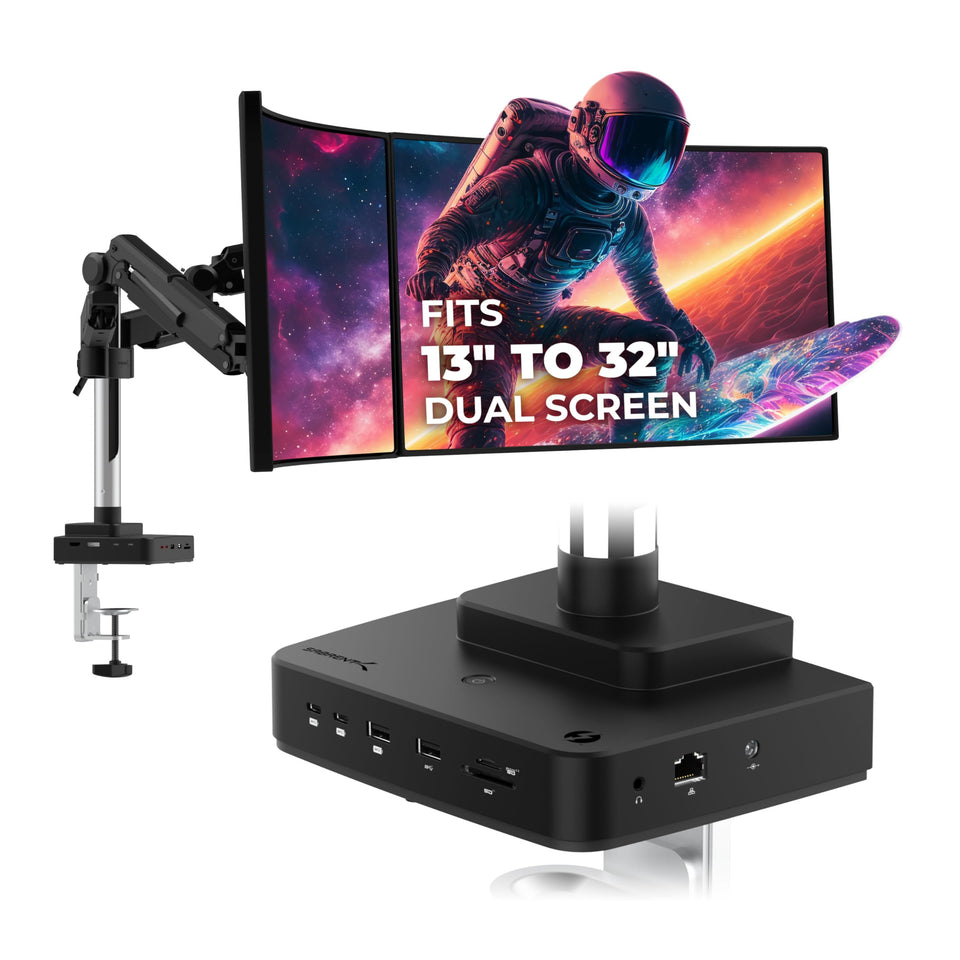 SABRENT T4WA docking station with monitor desk mount supports up to 32-inch displays.