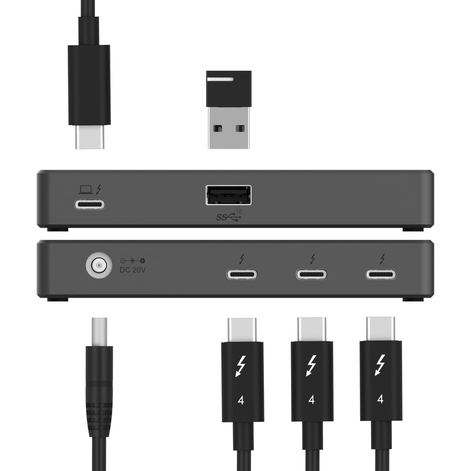 SABRENT Thunderbolt 4 Hub front-angle view showing compact, sleek design for a tidy desk.