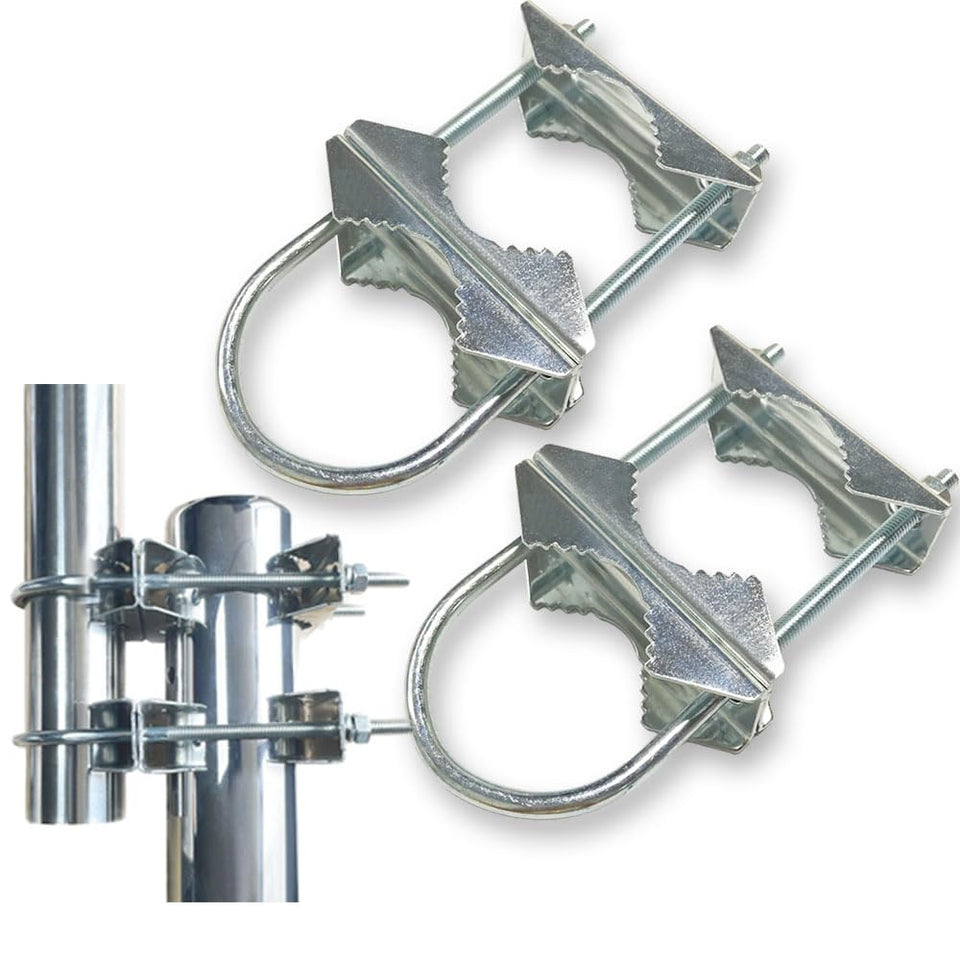 Sactulaz double U-bolt clamp bracket secures Starlink mount to a mast for reliable outdoor setup.