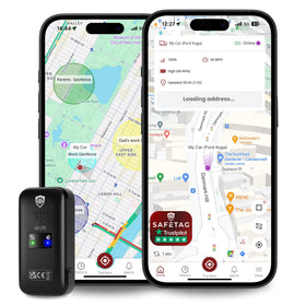 SafeTag Mini 4G front view showing compact tracker and mounting point for discreet placement