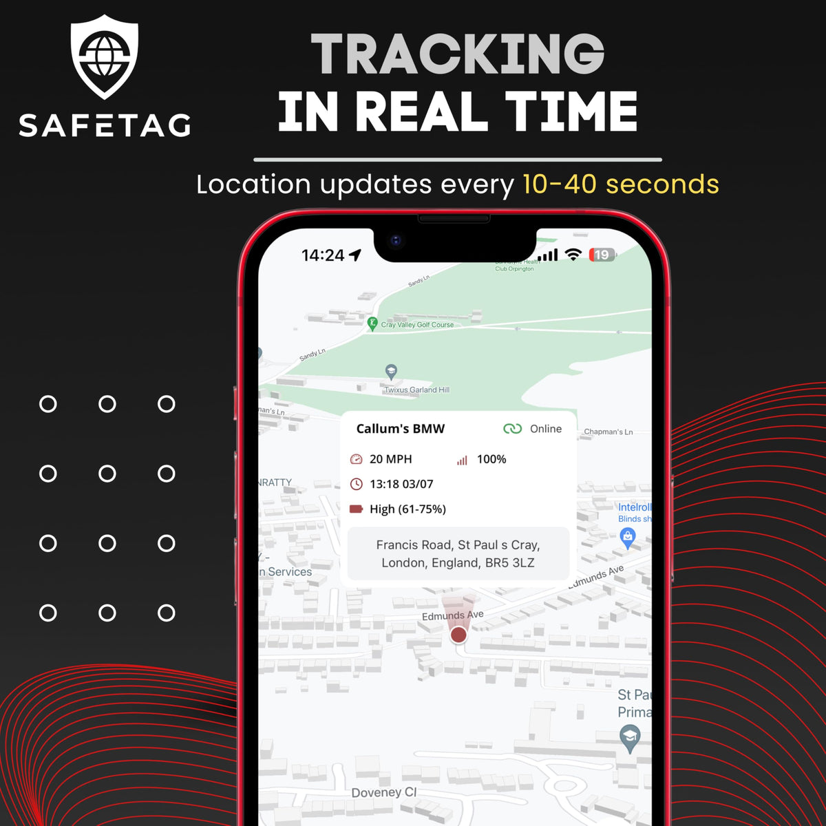 SafeTag Mini 4G LED display closeup showing status lights for easy device checks
