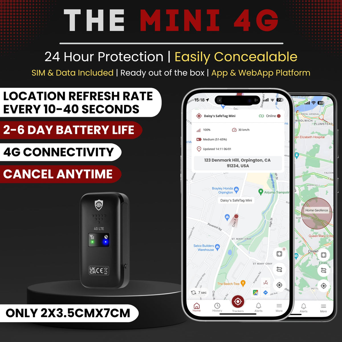 SafeTag Mini 4G USB-C charging port closeup showing fast recharge capability