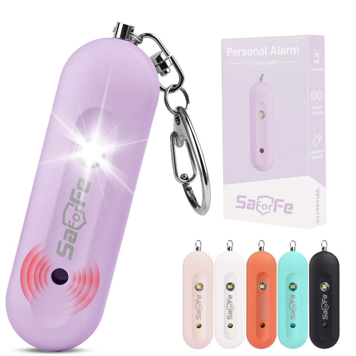 SaForFe front view wisteria color showing compact alarm and clip for easy carry