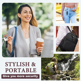 SaForFe clipped to a backpack strap, offers quick-access safety while traveling