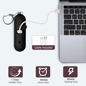 SaForFe alarm charging via USB-C with low-battery indicator.