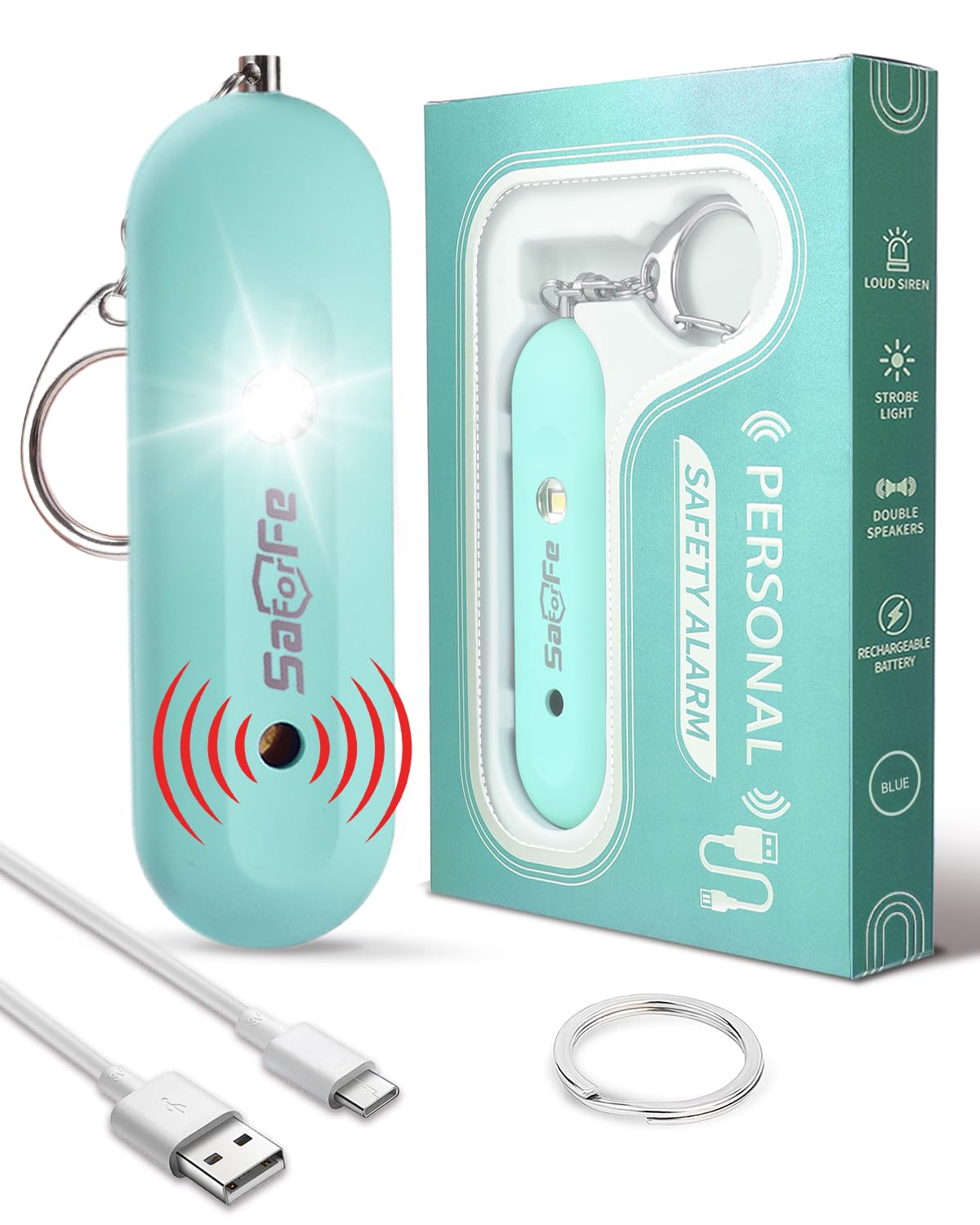 Saforife front view of blue alarm shows compact form and key ring for secure carry