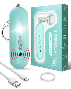 Saforife front view of blue alarm shows compact form and key ring for secure carry