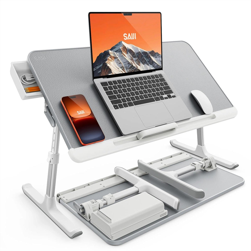 SAIJI front view open gray lap desk showing stable workspace and portability