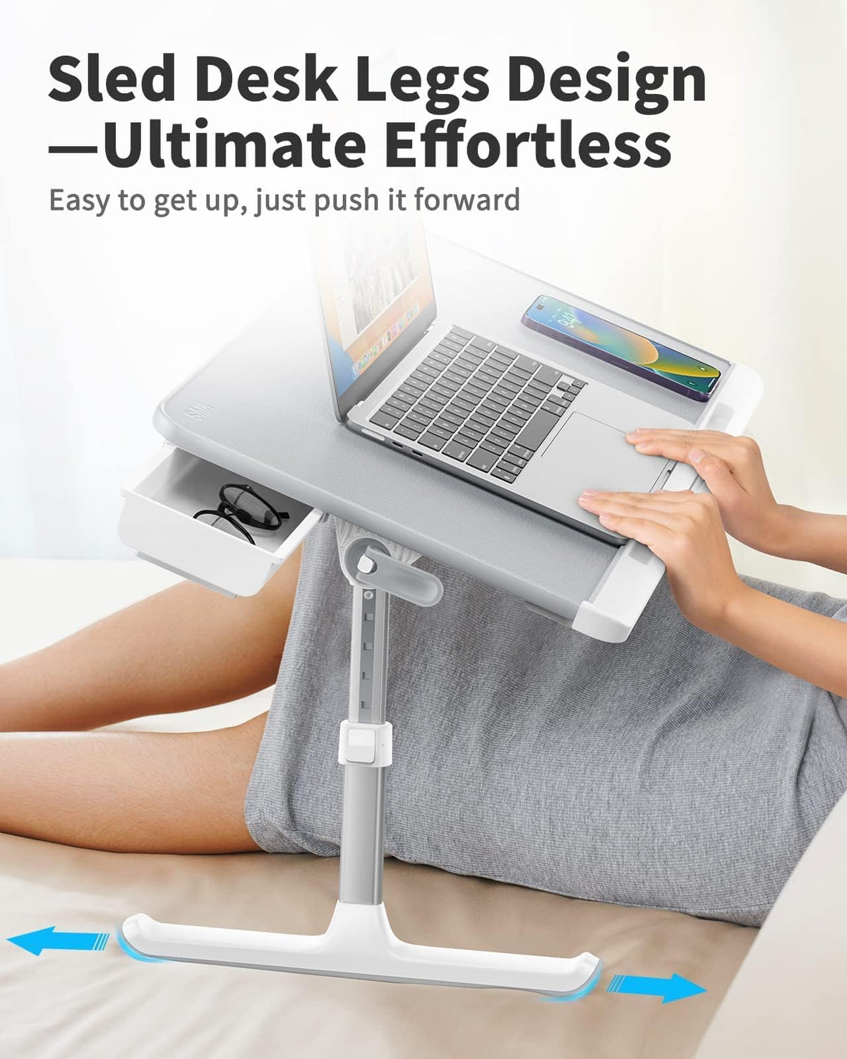 SAIJI in use on bed with 17-inch laptop showing comfortable work posture