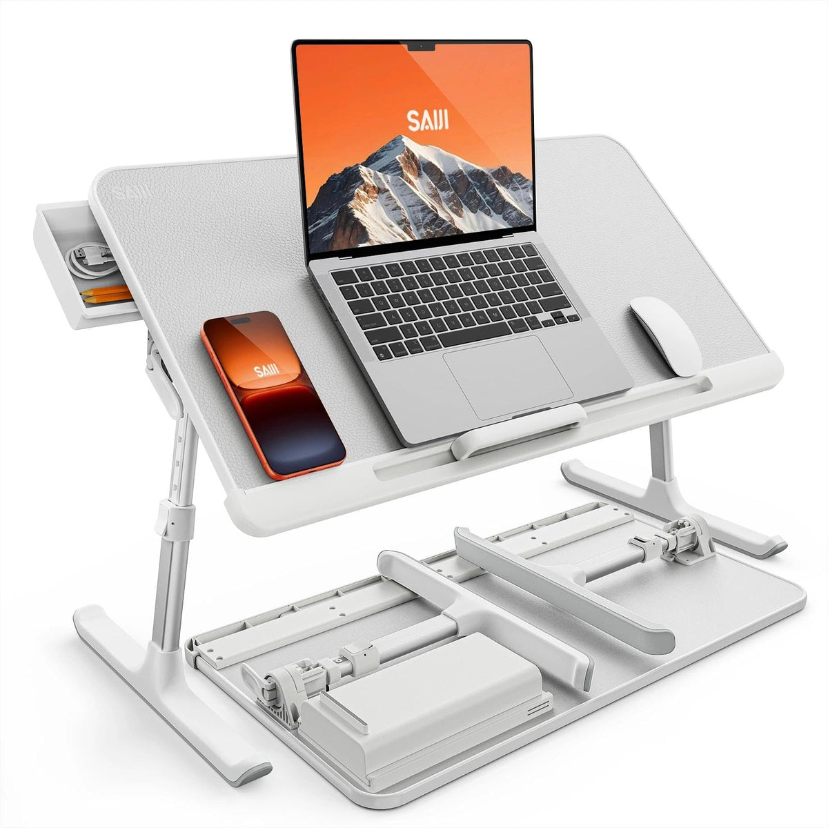 SAIJI laptop bed tray table shows adjustable height for ergonomic use.