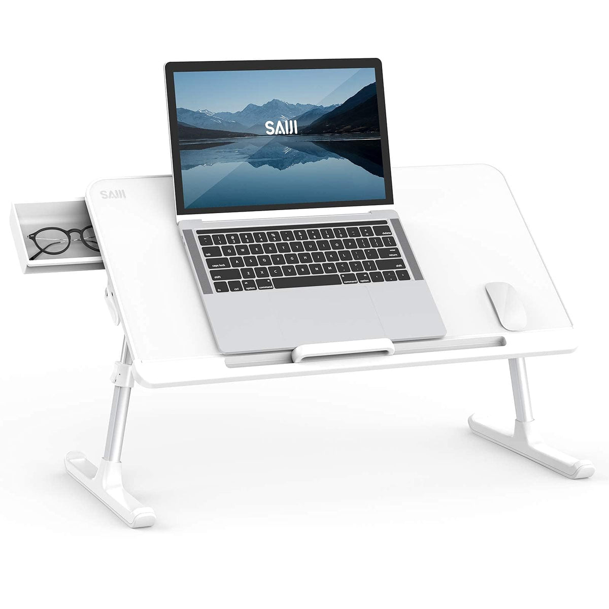 SAIJI laptop bed tray's white finish suits sofas and bedrooms for work.