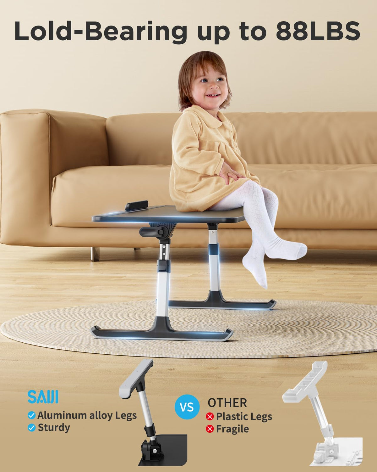 SAIJI leg adjustment detail showing auto-lock buttons for quick ergonomic setup