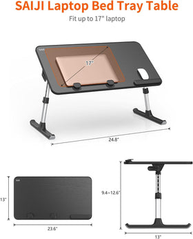SAIJI desk next to 17-inch laptop and book for scale, clear size reference