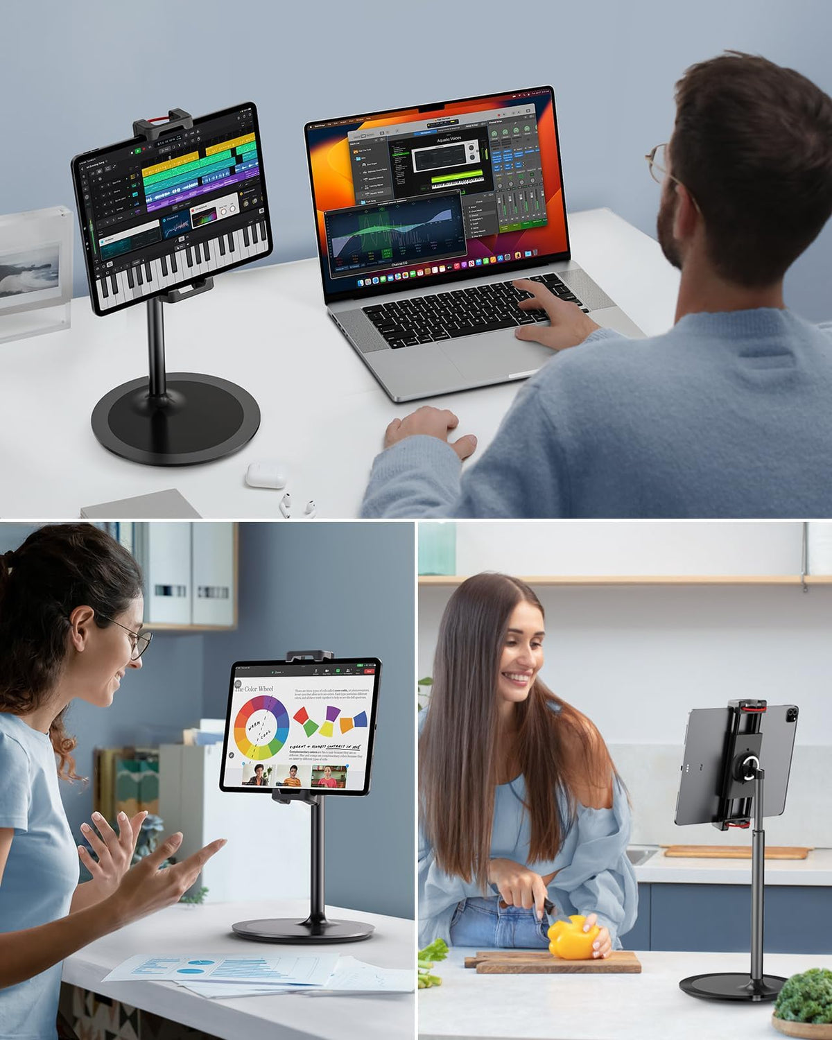 SAIJI round base with silicone pads emphasizing non-slip stability on desktops
