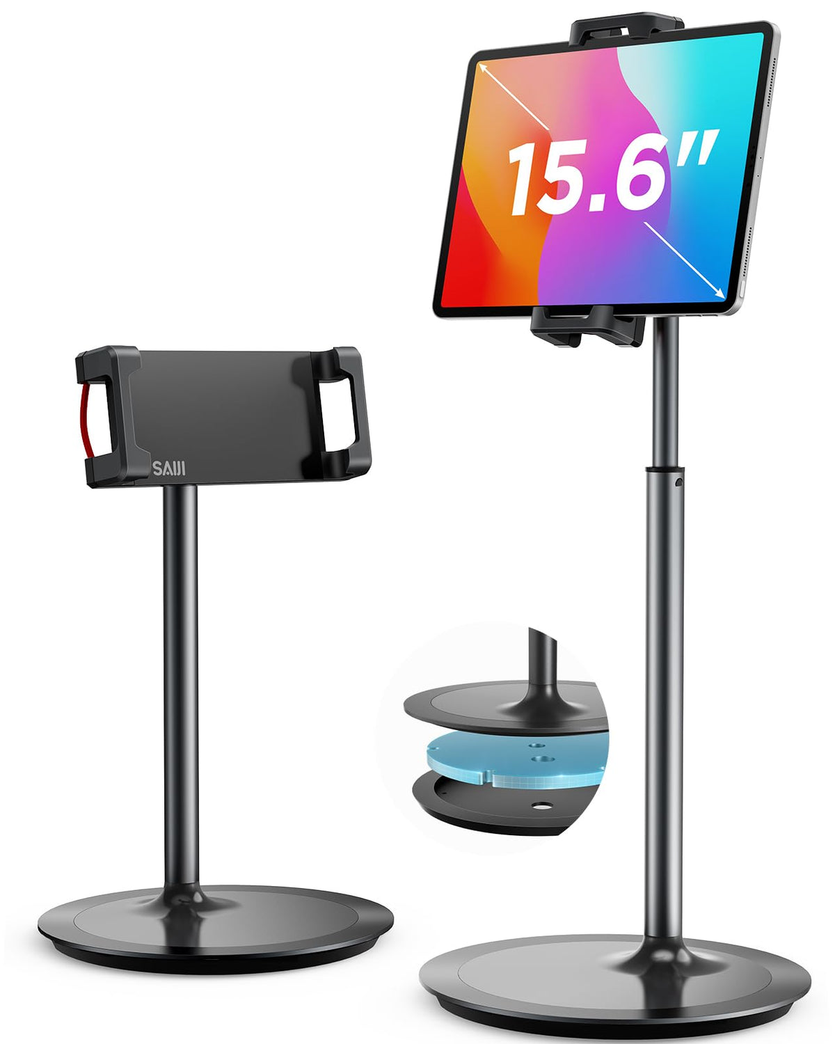 SAIJI stand front view showing stable base and mounted device benefit ergonomic positioning