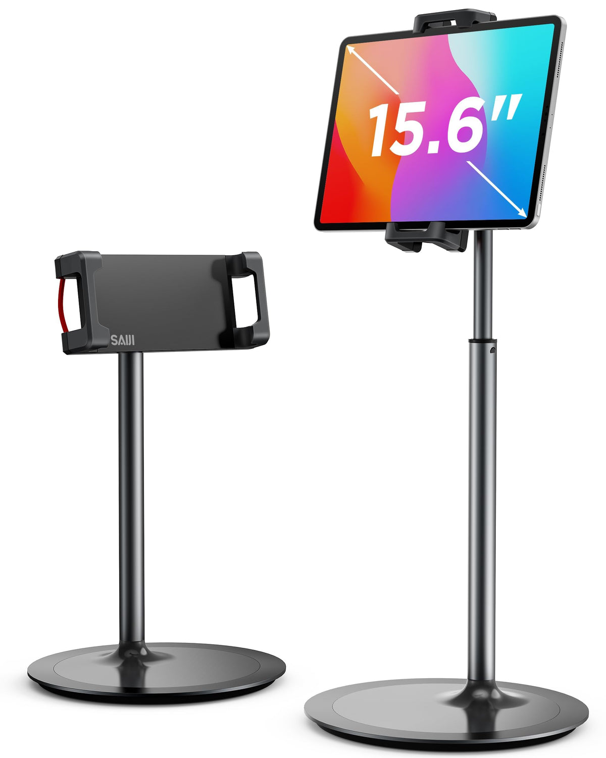 SAIJI with smartphone in portrait illustrating hands-free use for video calls and reading
