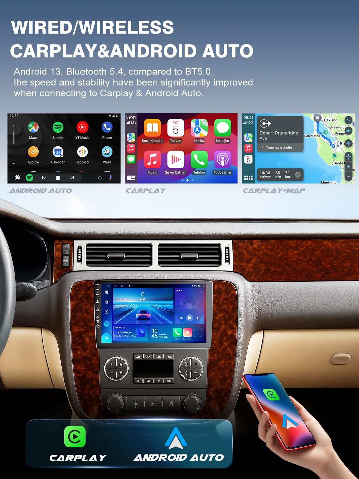 SailingTravel 5G WiFi6 car radio with Bluetooth for hands-free calls on dashboard