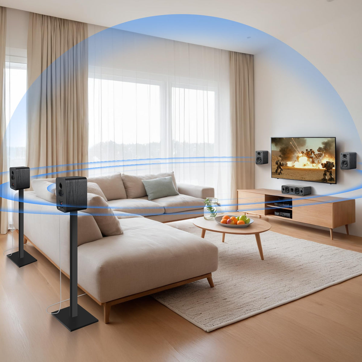Saiyin 5.0 home theater on shelf demonstrates flexible TV or PC setup.