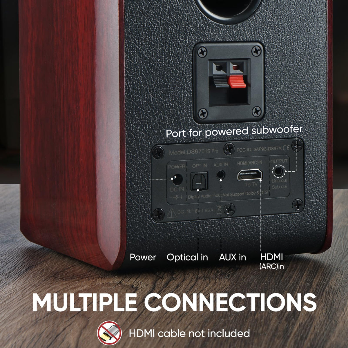 Saiyin rear panel with optical, ARC, AUX and sub out for flexible connectivity