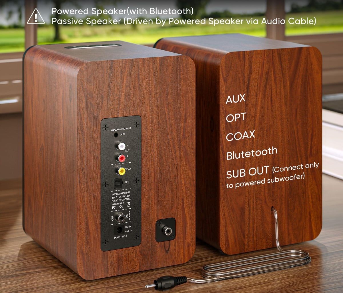 Saiyin back panel with optical, coaxial, and RCA ports for versatile connections