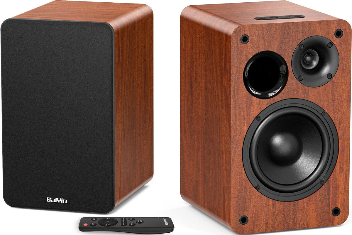 Saiyin Bluetooth bookshelf speaker, front view, compact design ideal for small spaces.