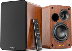 Saiyin Bluetooth bookshelf speakers side view delivering compact wireless audio