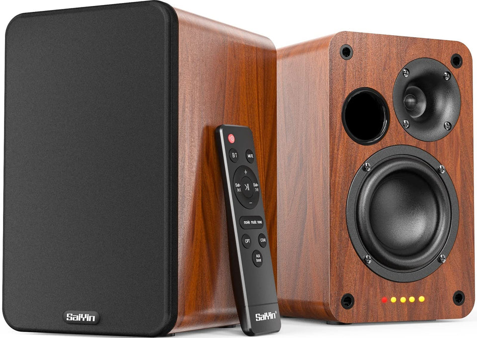Saiyin Bluetooth bookshelf speakers side view delivering compact wireless audio
